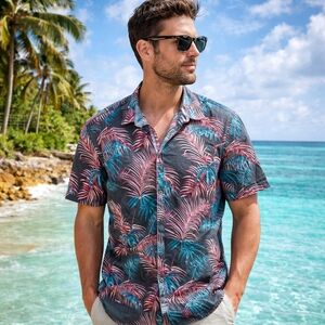 Projek Raw 100% Cotton Tropical Palm Print Button Down Shirt | Short Sleeve Mens